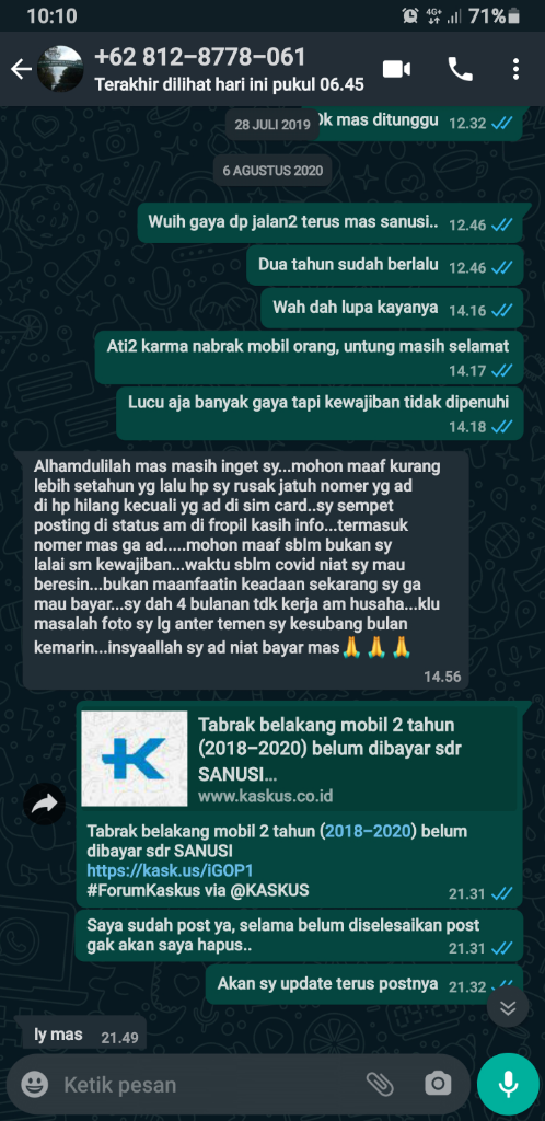 Tabrak belakang mobil 2 tahun (2018-2020) belum dibayar sdr SANUSI