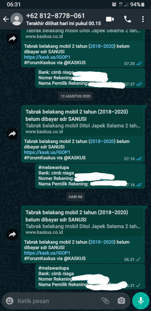 Tabrak belakang mobil 2 tahun (2018-2020) belum dibayar sdr SANUSI