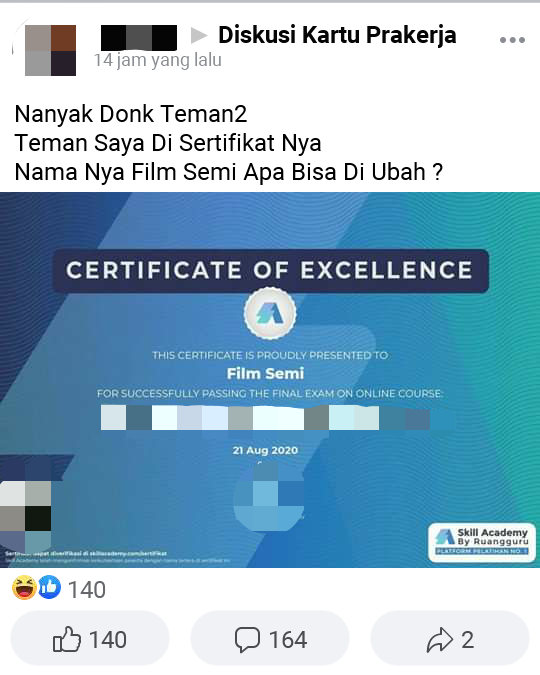 Nama "Film Semi" Tertera di Sertifikat Kartu Prakerja ...