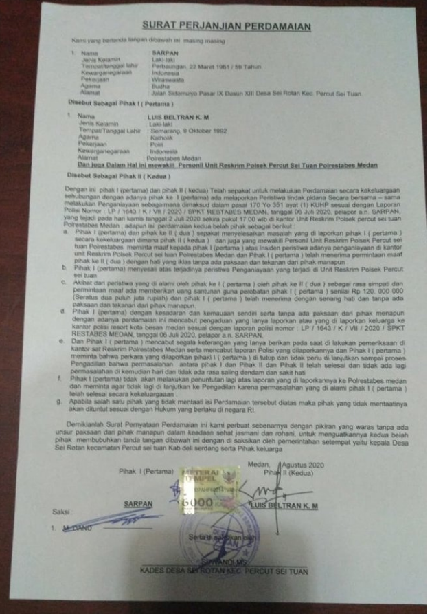 Sarpan Cabut Laporan Sudah Disiksa Polisi Polsek Percut Sei Tuan