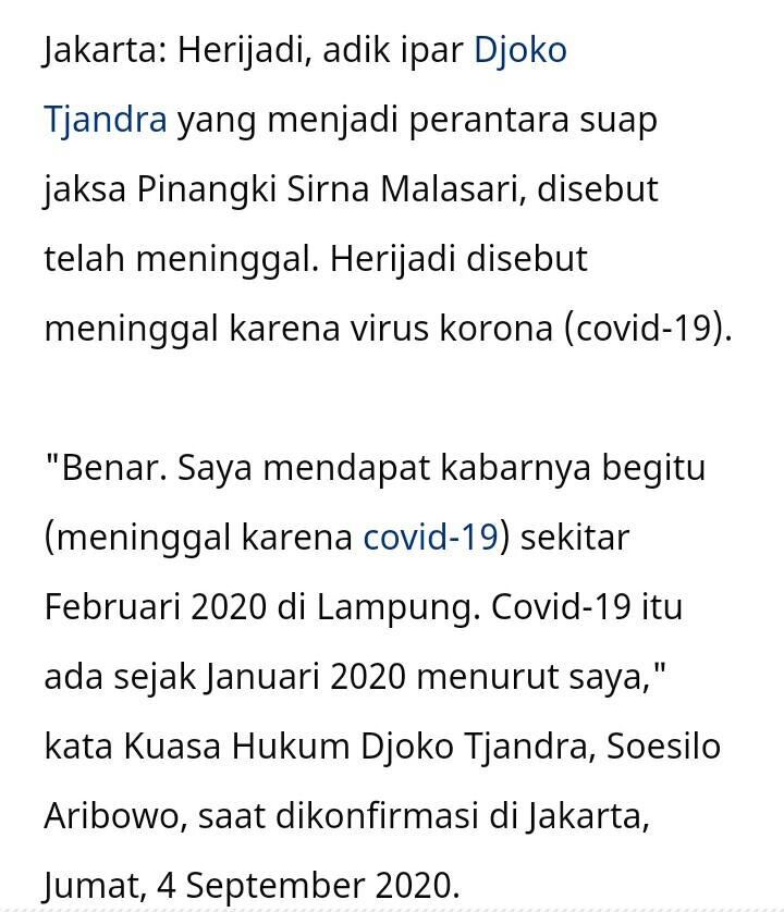 Perantara Suap Djoko Tjandra-Jaksa Pinangki Katanya Meninggal