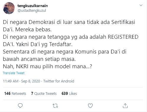 Soal Sertifikasi Da'i, Tengku Zulkarnain: NKRI Mau Pilih Model Mana?