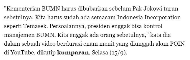 Ahok: Kementrian BUMN Harus Dibubarkan Sebelum Jokowi Turun, Ada Apa?