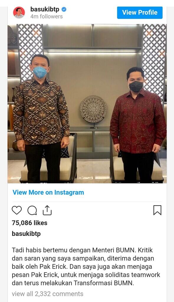 Usai Buka Aib Direksi Pertamina, Ahok Dipanggil Erick Thohir