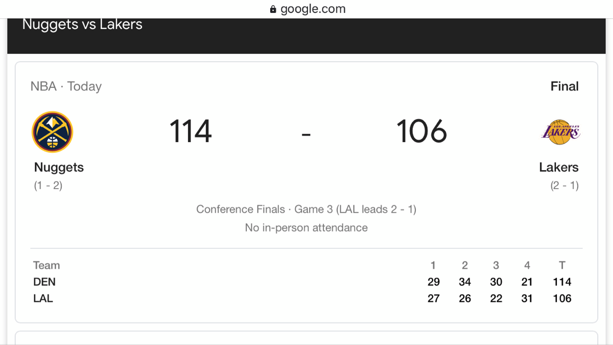 LA Lakers Kalah Atas Nuggets Pada Game 3 Final Wilayah NBA