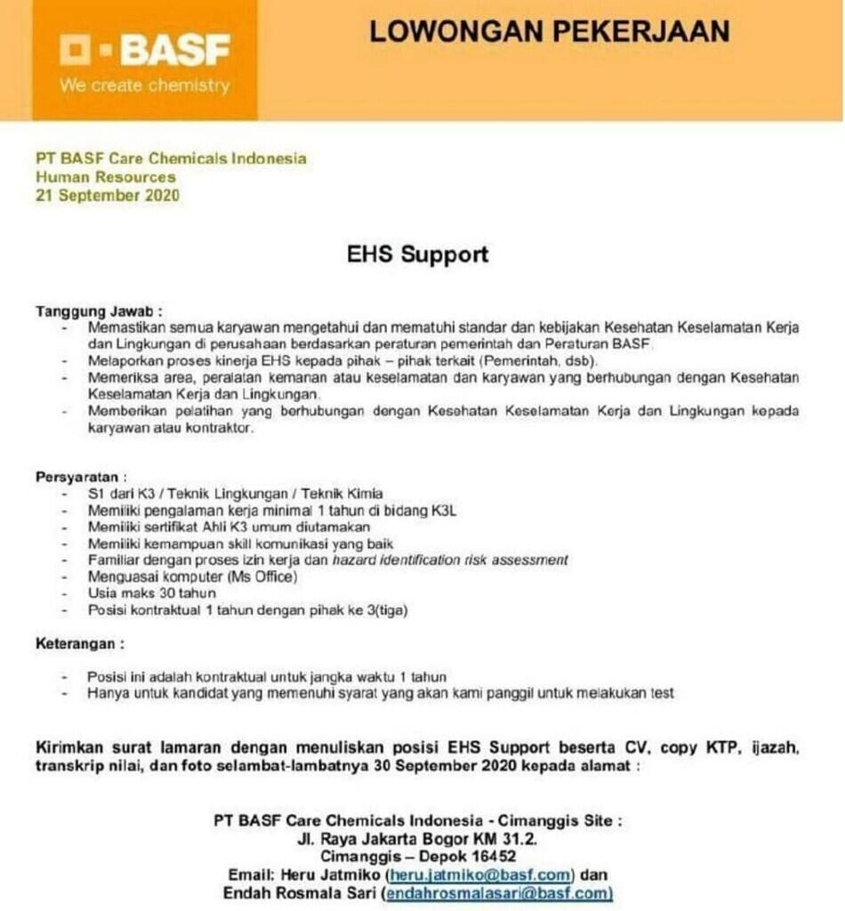 Lowongan Kerja HSE Staff BASF Cimanggis, Depok | KASKUS