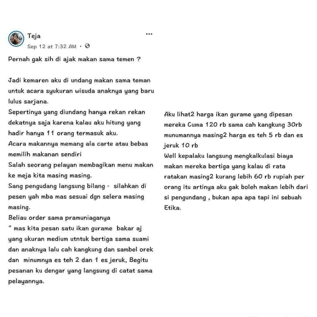 Curhat Pria Melihat Teman tak Beradap Ketika Ditraktir Makan, Bikin Netizen Ribut!