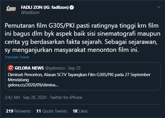 Fadli Zon: Saya Menganjurkan Masyarakat Nonton Film G30S/PKI
