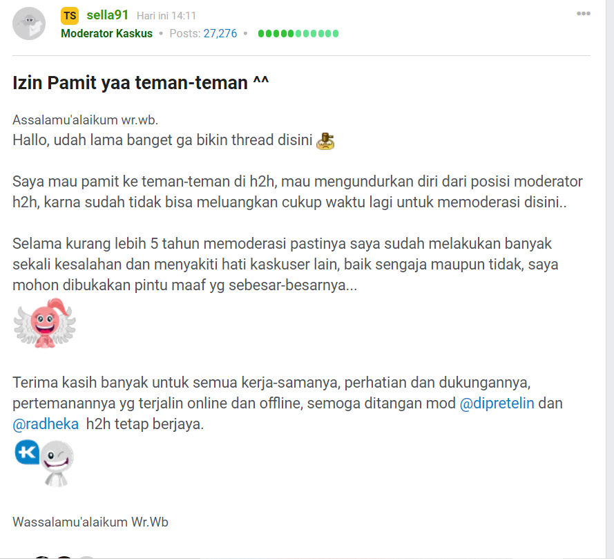 Salam Perpisahan untuk Moderator Sella91 (HTH) yang Penuh Jasa