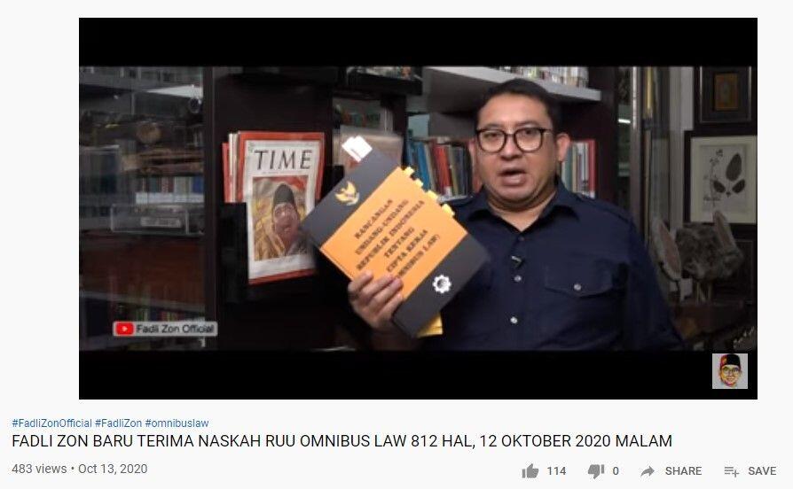 Baru Terima Naskah UU Ciptaker, Fadli Zon: Banyak Kelemahan Prosedural