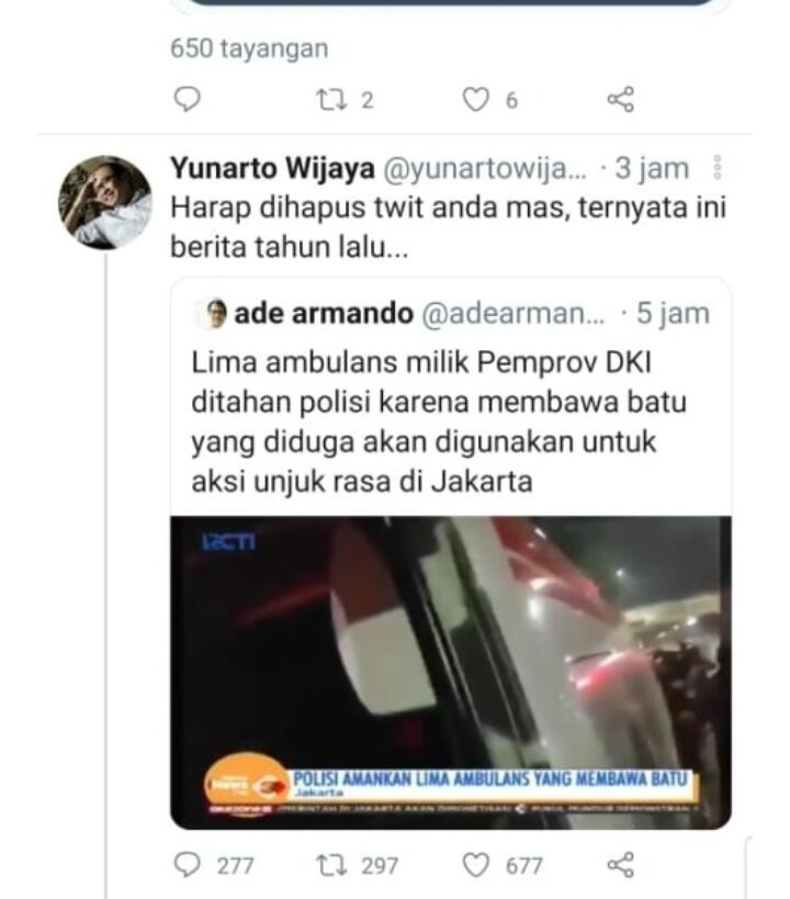 Yunarto Sentil Ade Armando Posting Ambulans DKI Bawa Batu: Berita Tahun Lalu