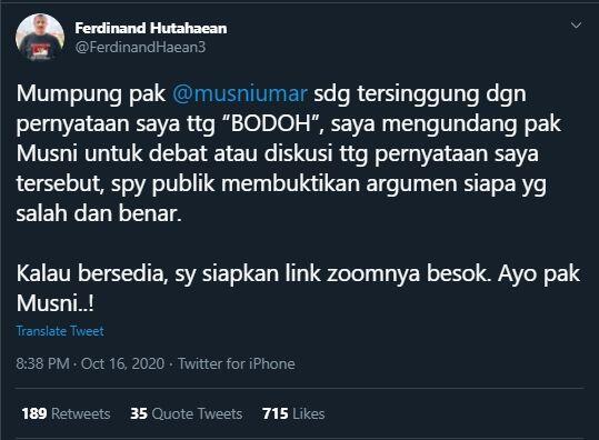 Panas! Perihal Kata Bodoh, Ferdinand Hutahaean Tantang Debat Musni Umar