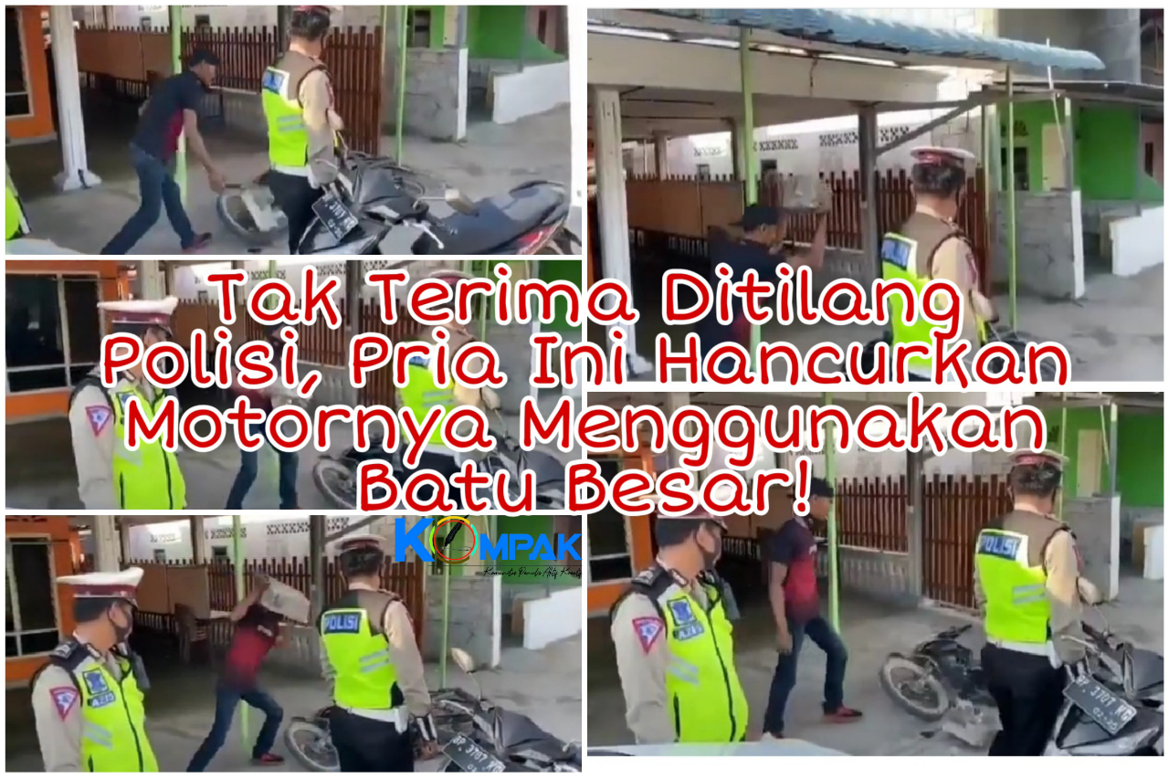 Tak Terima Ditilang Polisi, Pria Ini Hancurkan Motornya Menggunakan Batu Besar! Lah?