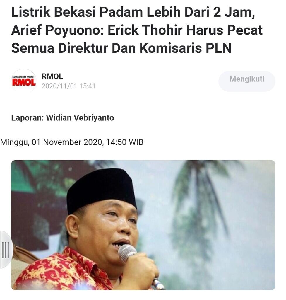 Listrik Bekasi Pdam Lbih Dri 2 Jam,Poyuono:Erick Hrs Pcat Smua Direktr.KmisarisPLN