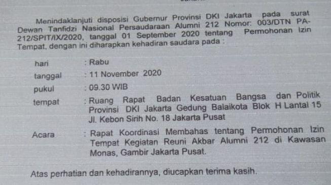 Beredar Surat Bahas Reuni Akbar 212 di Monas Seusai Anies Bertemu Rizieq