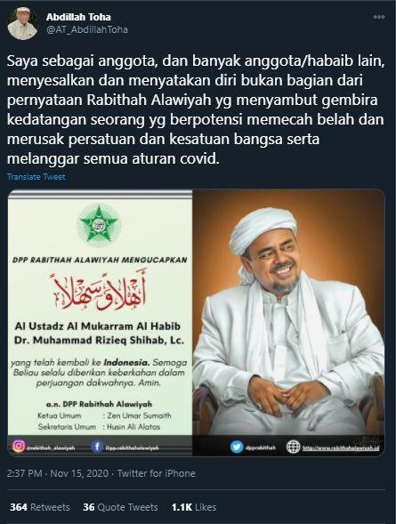 Bagian dari Habib, Abdillah Toha Tak Sambut Gembira Kepulangan Rizieq