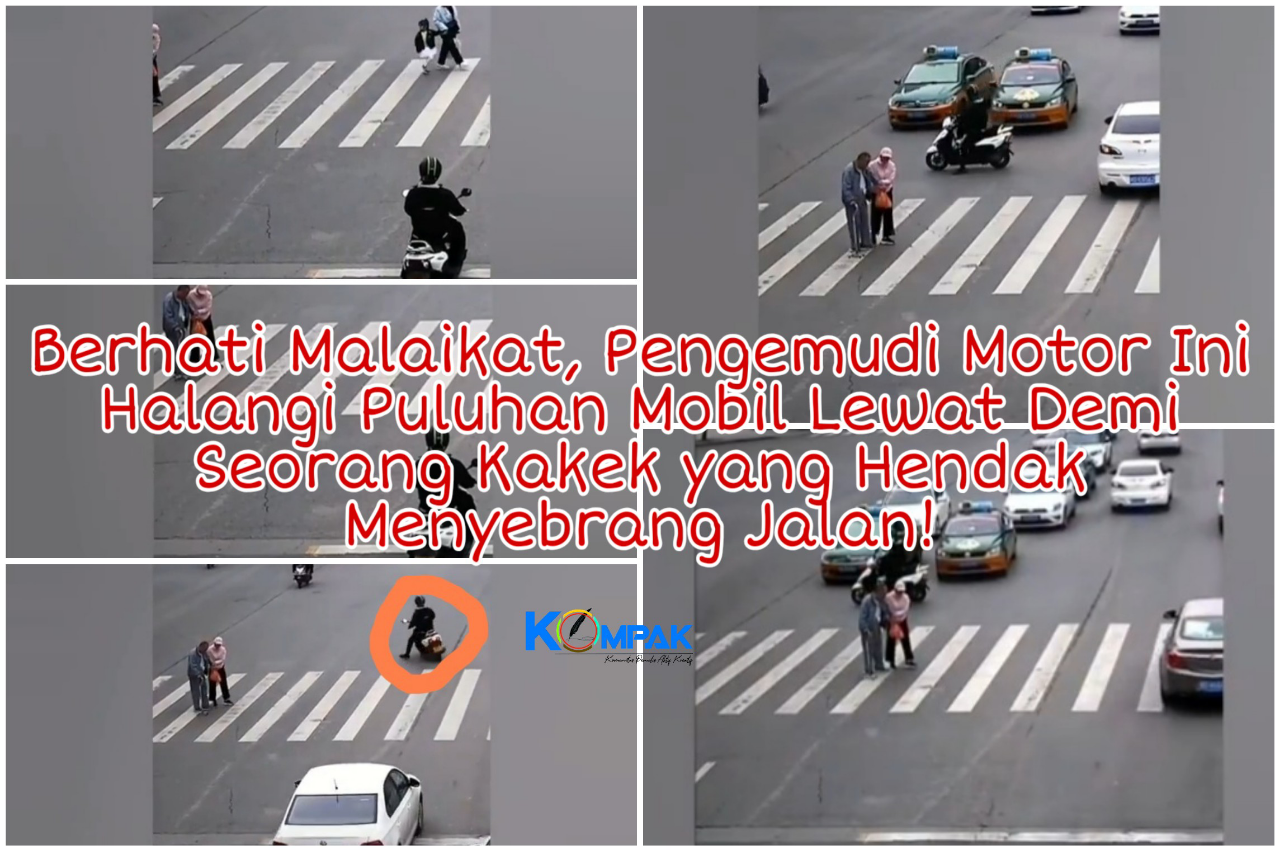 Keren, Pengemudi Motor Ini Halangi Puluhan Mobil Lewat Demi Kakek Menyeberang Jalan!