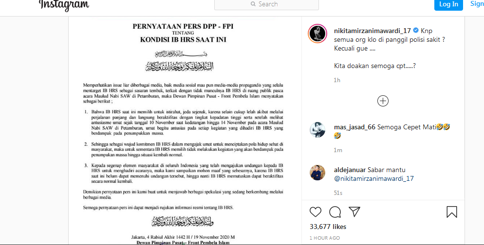 Nyinyir Abis! Nikita Mirzani Unggah Surat FPI Terkait Kondisi Habib Rizieq 