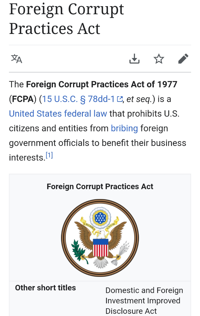 FCPA: Foreign Corrupt Practices Act, UU Anti-suap Perusahaan AS di Luar Negeri