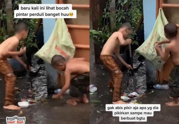 Salut, Viral Dua Bocah Bersihkan Selokan dari Sampah Sambil Main Hujan! Koruptor?