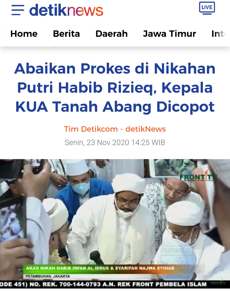 Eks Kepala KUA yang Menikahkan Putri Rizieq Shihab Reaktif Covid Saat Akan Diperiksa