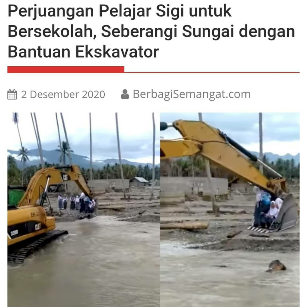VIRAL , Pelajar Menyeberangi Sungai Dengan Bantuan Ekskavator, Untuk Pergi Ke Sekolah