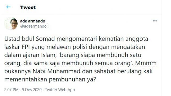 Ade Armando ke Ustaz Somad: Bukannya Nabi Muhammad Perintahkan Pembunuhan?