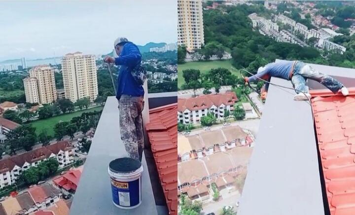 Tukang Cat Menantang Maut, Mengecat Atap Gedung Tinggi Tanpa Pengaman! Netizen Ngeri