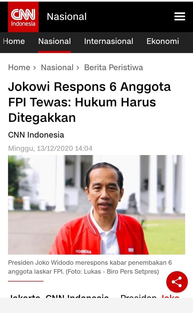 Jokowi Respons 6 Anggota FPI Tewas: Hukum Harus Ditegakkan