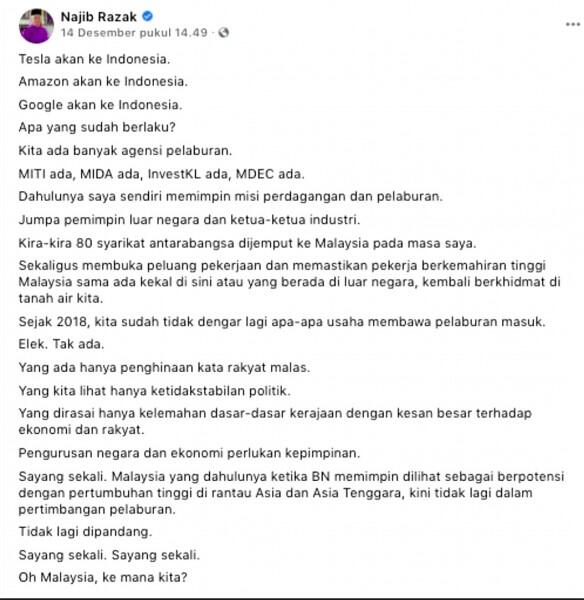 Tesla dan Google ke Indonesia,Nazib Razak Sindir Pemerintah:Oh Malaysia Kemana Kita?