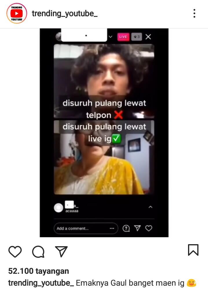 Kocak! Emak Ini Menyuruh Anaknya Pulang Ketika Live Instagram 