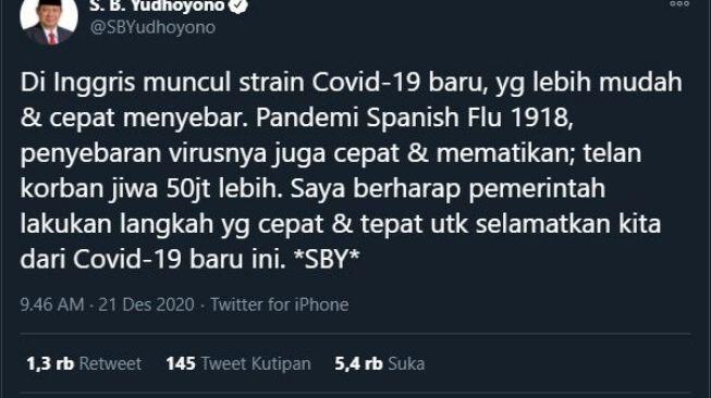 Buka Suara Soal Strain Covid-19 Baru, SBY Sentil Pemerintah