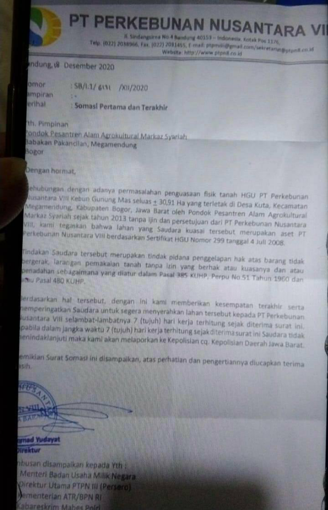 Beredar Surat PTPN Minta Pesantren Habib Rizieq Dikosongkan