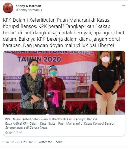 KPK Selidiki Puan Maharani soal Korupsi Bansos, Benny: Jangan Obral Harapan