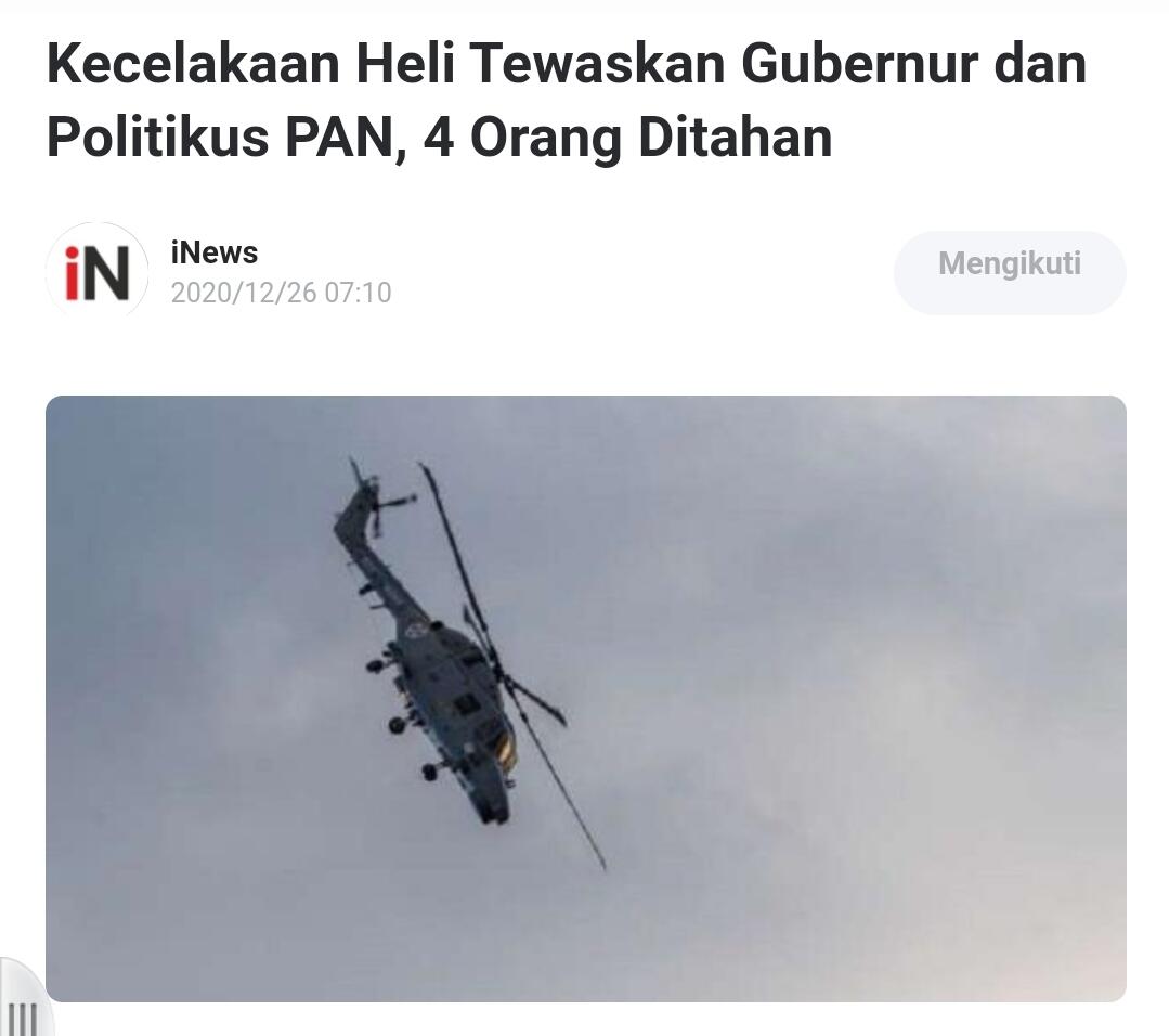 Kecelakaan Heli Tewaskan Gubernur dan Politikus PAN, 4 Orang Ditahan