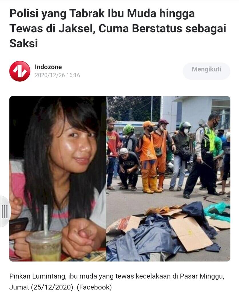 Pls yg Tabrak Ibu Muda hingga Tewas di Jaksel, Cm Berstatus sbg Saksi