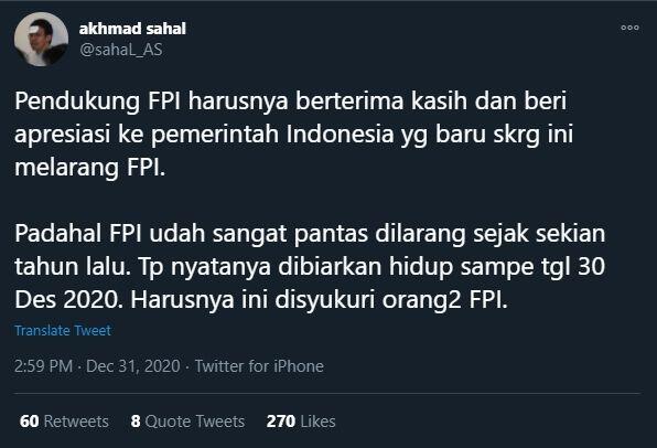 Gus Sahal: FPI Harusnya Bersyukur Baru Dibubarkan Sekarang