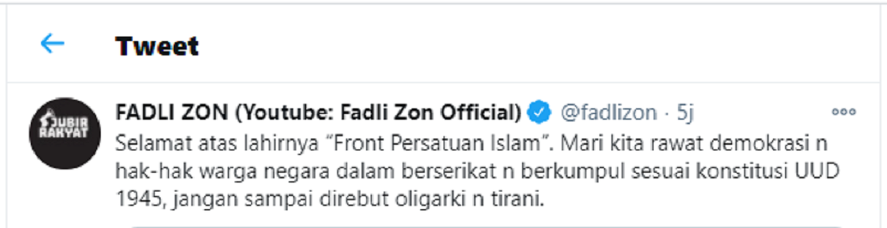 FPI Berganti Nama, Fadli Zon: Selamat Atas Lahirnya Front Persatuan Islam