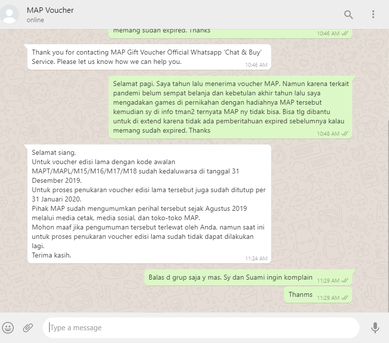 MAP Gift Voucher Mengubah Ketentuan Kedaluwarsa tanpa Menghubungi Konsumen