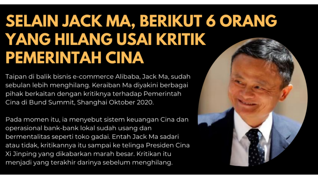 Jack Ma dan 6 Orang yang Hilang Usai Mengkritik Pemerintah Cina