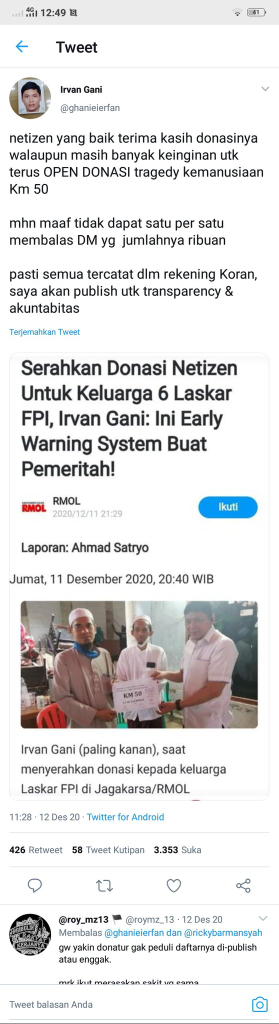 Irvan Gani, Pengumpul Dana 6 Syuhada FPI Laporkan Donasi Rp1,7 Miliar ke Netizen