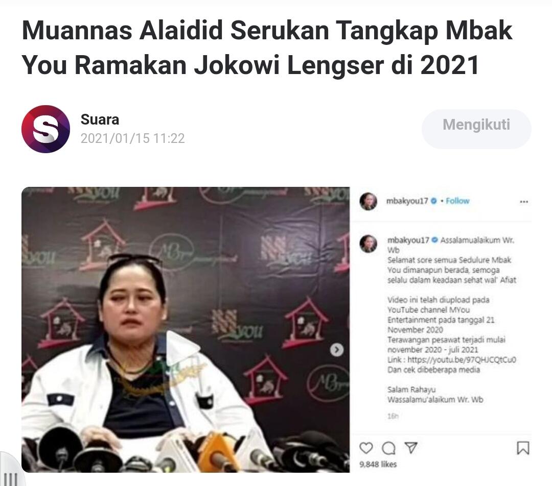 Muannas Alaidid Serukan Tangkap Mbak You Ramakan Jokowi Lengser di 2021