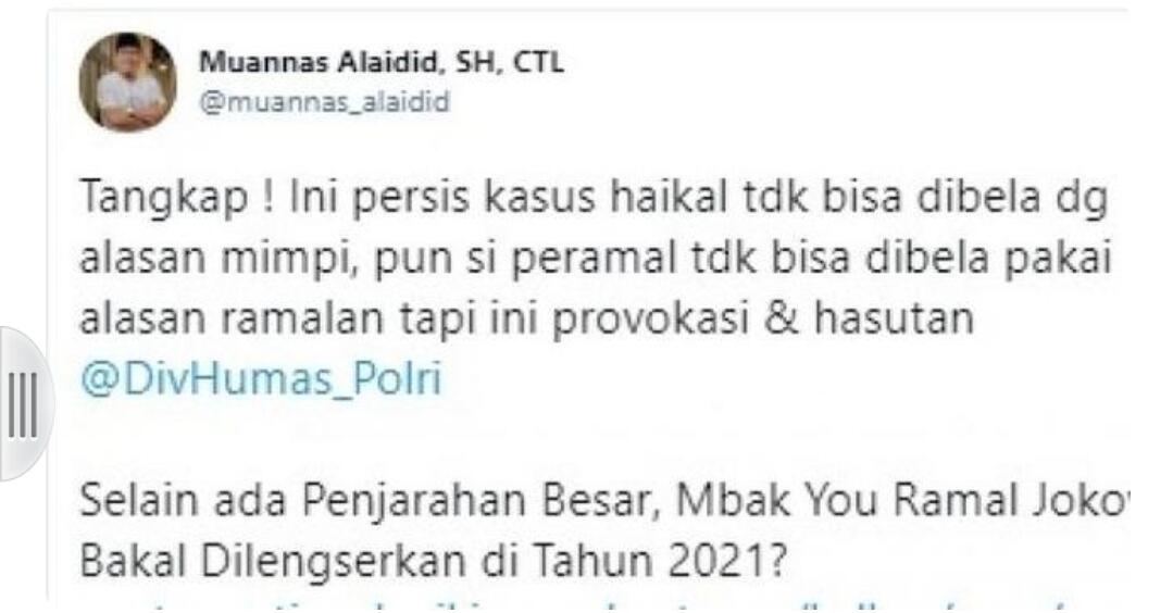 Muannas Alaidid Serukan Tangkap Mbak You Ramakan Jokowi Lengser di 2021