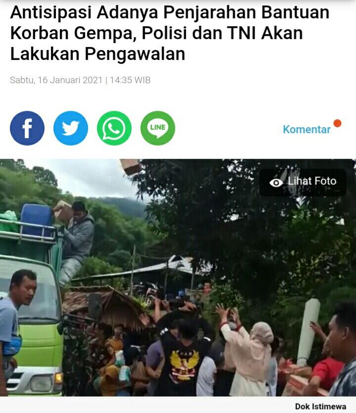 Antisipasi Adanya Penjarahan Bantuan Gempa, Polisi dan TNI Akan Lakukan Pengawalan