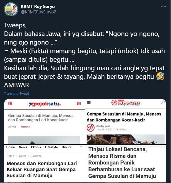 Keras! Roy Suryo Ejek Risma, Kocar Kacir saat Gempa Dituding Mau Nampang