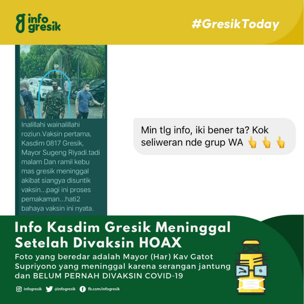 Penyebar Hoax Kasdim Gresik Mayor Sugeng Riyadi Meninggal Usai Vaksinasi Terlacak