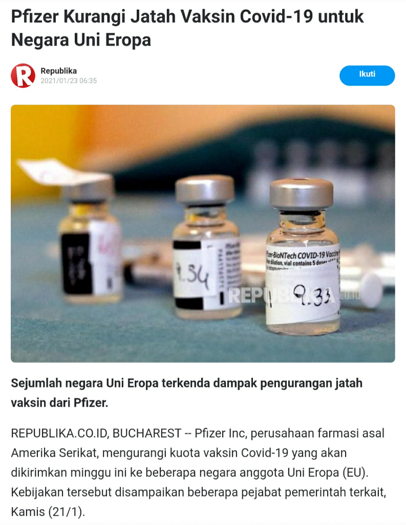 33 Orang Meninggal Usai Divaksinasi di Norwegia, Indonesia Evaluasi Vaksin Pfizer
