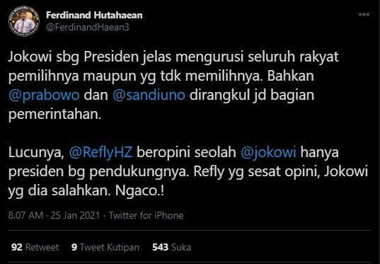 Refly Harun Sebut Jokowi Presiden Bagi Pendukungnya, Ferdinand: Ngaco!