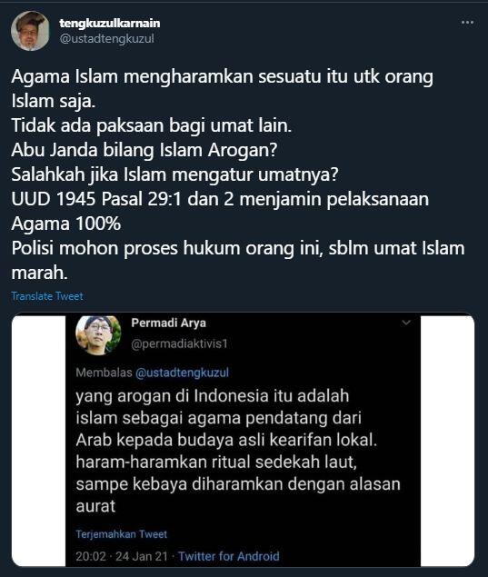 Abu Janda Tuding Islam Agama Arogan, Tengku Zul: Polisi, Proses Orang Ini!