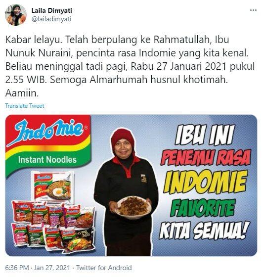 Nunuk Nuraini, Peracik Bumbu Indomie Meninggal Dunia